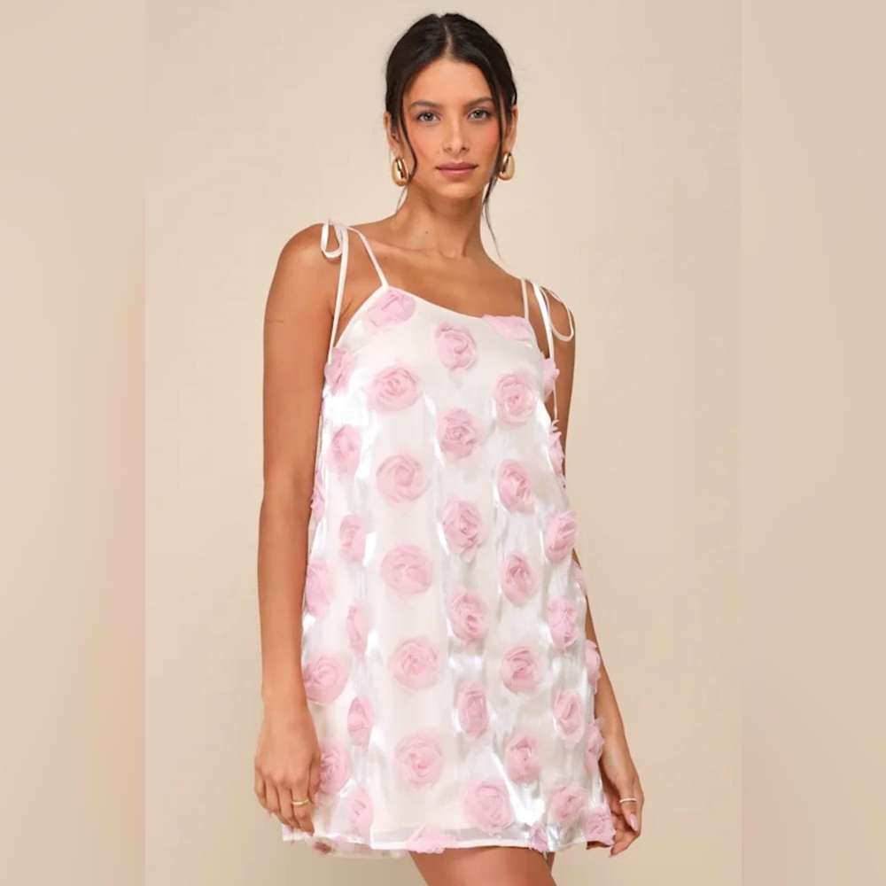 Lulus Luminous Glow Shiny Ivory Rosette Tie-Strap Mini Dress